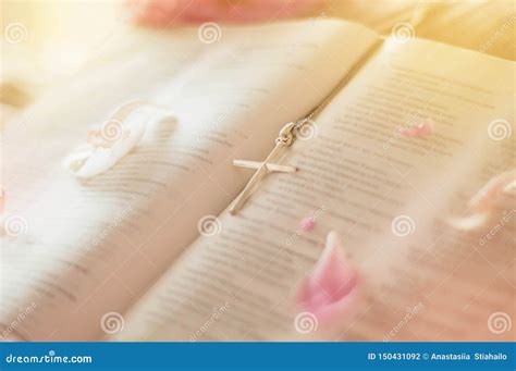 Cross With Bible Closeup Of Christian Cross And Bible With Flowers