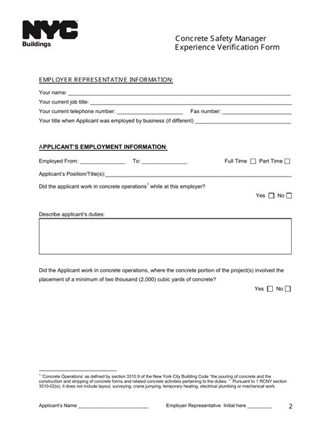 New York City Concrete Safety Manager Experience Verification Form Fill Out Sign Online And