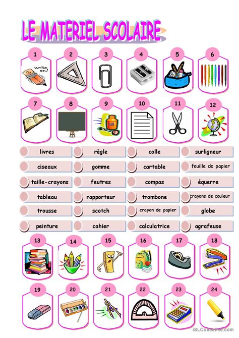 Le matériel scolaire English ESL worksheets pdf doc