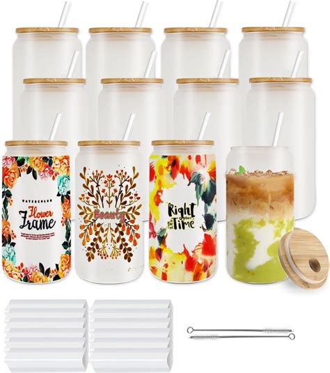 Kocdam 12 Pack Sublimation Glass Cups With Bamboo Lids And Straws Frosted 16oz Blanks