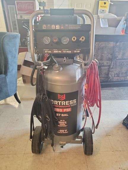 Fortress High Performance 200 Psi 27 Gallon Air Compressor With Hoses Rubber Band Straps And