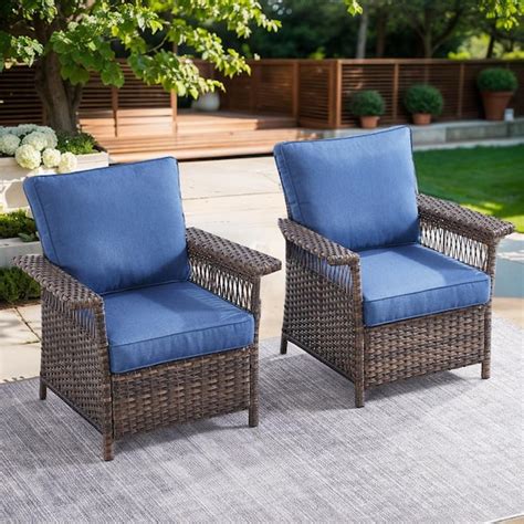 Gymojoy Stlouis Brown Wicker Outdoor Lounge Chair With Blue Cushions Gm Slbr11 1 The Home Depot