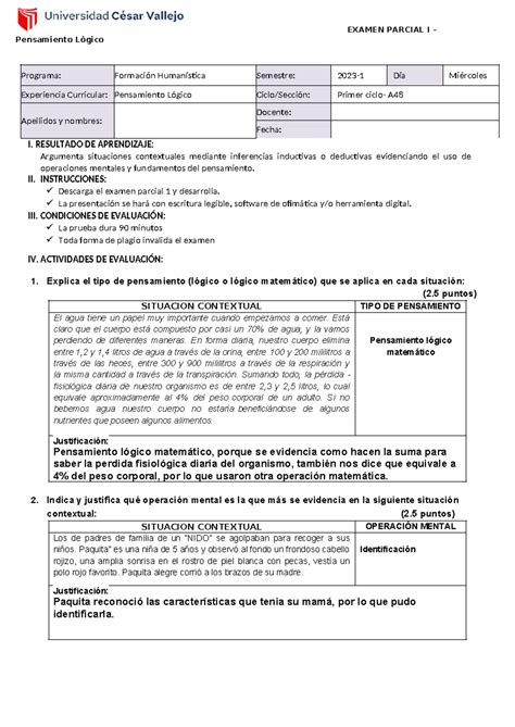 Examen parcial I Pensamiento Lógico Programa Formación Humanística