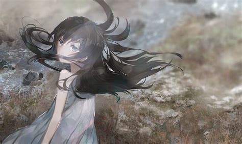 Wind Anime Black Hair Blue Eyes Grass Light Effects Hd Wallpaper