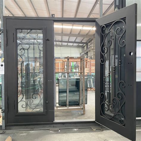 American Design Scroll Work Metal Steel Wrought Iron Double Door With Glass Wrought Iron Doors