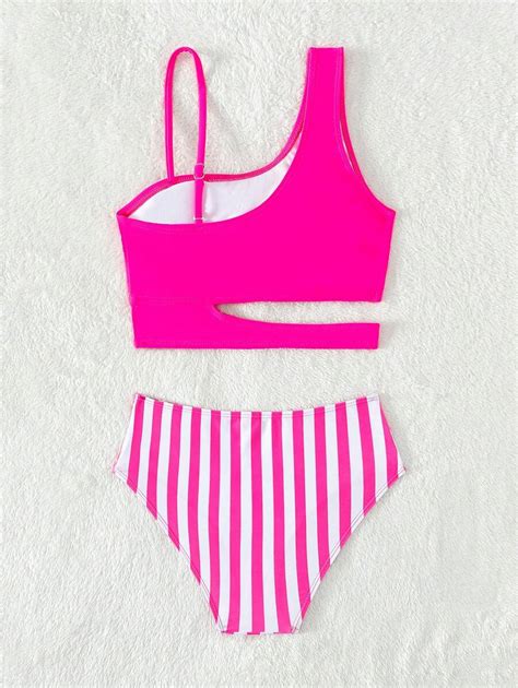 Tween Girl Striped Cut Out Asymmetrical Neck Cut Out Bikini Set Summer