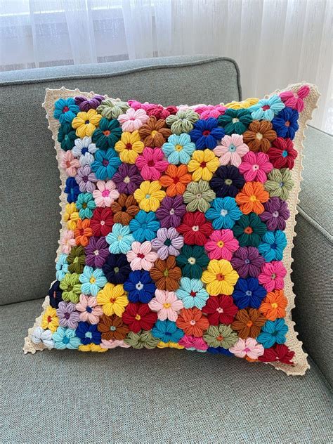 Chunky Daisy Crochet Cushion Cover Hand Knit Flower Pillowcase Fun