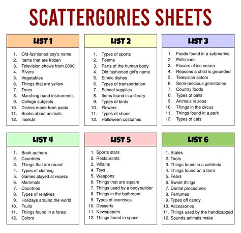 Printable Scattergories Sheets Senior Living Activities, School Activities, Family Activities ...