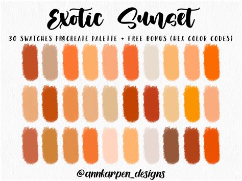 Exotic Sunset Procreate Palette, 30 HEX Color Codes, Instant Digital ...