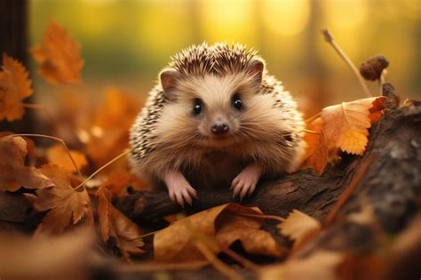 Premium AI Image | hedgehog sitting in autumn leaves