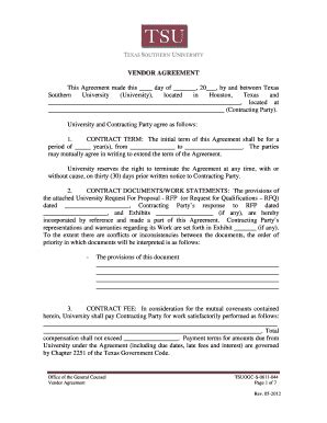 Fillable Online Tsu Vendor Agreement Texas Southern University Fax