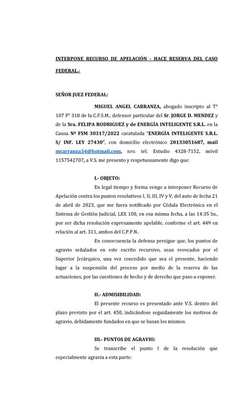 Mendez Interpone Recurso De Apelación Al Juzgado 2 Interpone Recurso