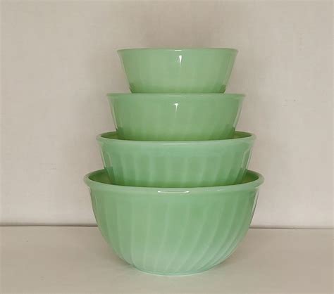 1940s Jadeite Green Fire King Mixing Bowl Set Complete Set Of 4 Anchor Hocking Nesting Mixing