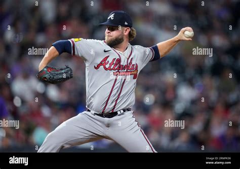 Atlanta Braves relief pitcher A.J. Minter works against the Colorado ...