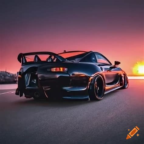 Sunset Wallpaper With A Blackout Supra Car On Craiyon