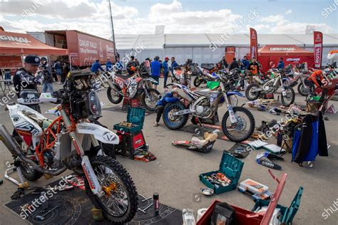 Riders Work On Their Motorcycles Bivouac Editorial Stock Photo Stock