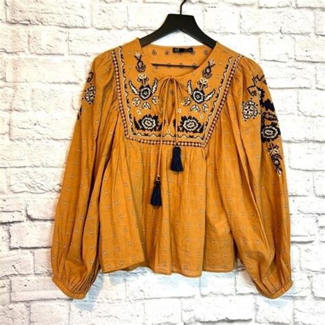 Zara Tops Zara Mustard Yellow Boho Embroidered Tassel Puff Sleeve