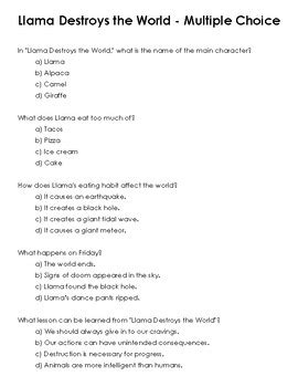 Llama Destroys the World Multiple Choice by JT Teachables | TPT