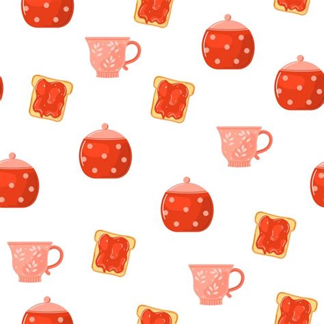Premium Vector Tea Time Cute Set Cups Jam Sugar Tea Bag Strawberry Hot Drinks Home Comfort