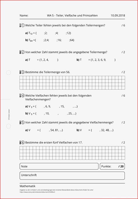 Arbeitsblatt Wa 5 Teiler Vielfache Und Primzahlen Kostenlose Arbeitsblätter Und