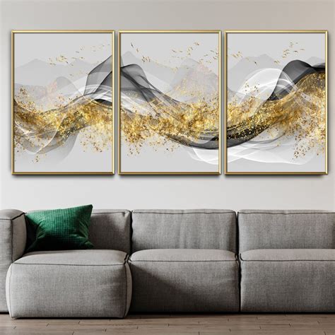 Trio Quadro Decorativo Abstrato Dourado Luxo Vidro Elo