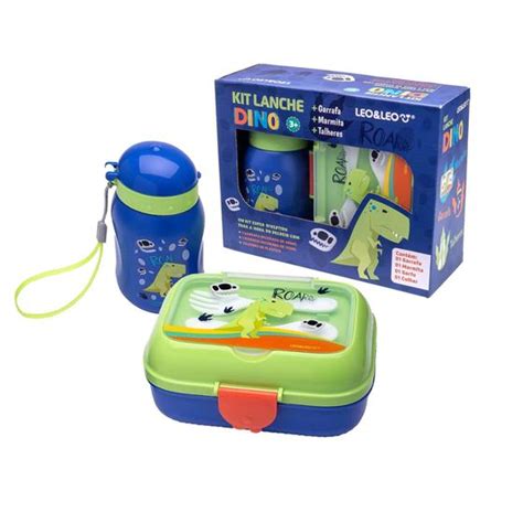 Kit Para Lancheira Escolar Dino Infantil Marmita Garrafa 500ML