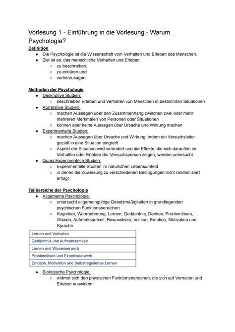 Psychologie Vorlesung Mitschriften Vorlesung 1 Einführung in