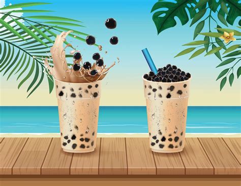 Bubble Milk Tea Cups In Tropical Beach Scene 1349598 Vector Art At Vecteezy