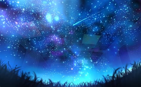 Night, Anime, Grass, Light, Stars, Comet, Original, 1080P HD Wallpaper