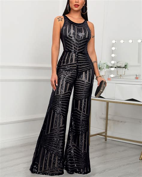 Glitter Round Neck Sleeveless Sequins Jumpsuit Casual Elegant Style