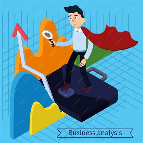 Premium Vector Business Analysis Isometric Concept With Super Businessman And Charts