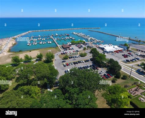 Aerial View Of Small Town Man Made Harbor On Lake Huron At Lexington