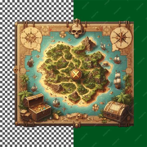 Classic Explorers Map with Ships and Island Terrain on transparent