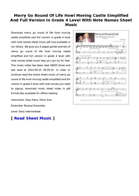 Piano Pdf 91263 Merry Go Round Of Life Howl Moving Castle Simplified