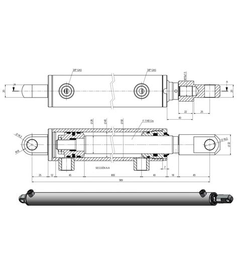 Double Acting Hydraulic Cylinder Ø40 Mm Piston Ø28 Mm Rod And 800 Mm Stroke With Hinges