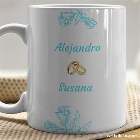 Tazas Personalizadas Para Boda Con Alianzas Y Flores Azules