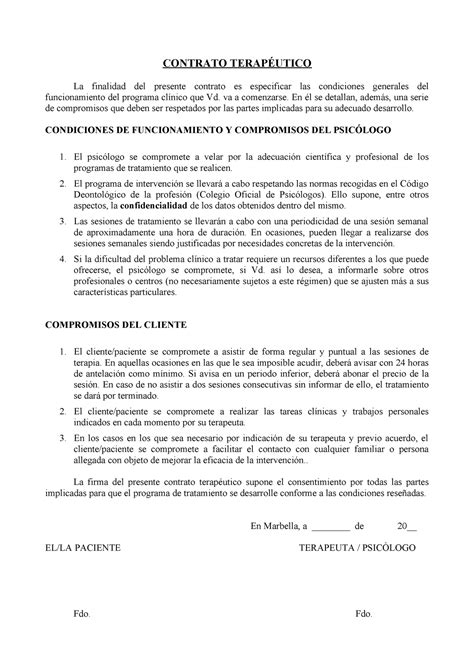 Contrato terapeutico ejemplo CONTRATO TERAPÉUTICO La finalidad del