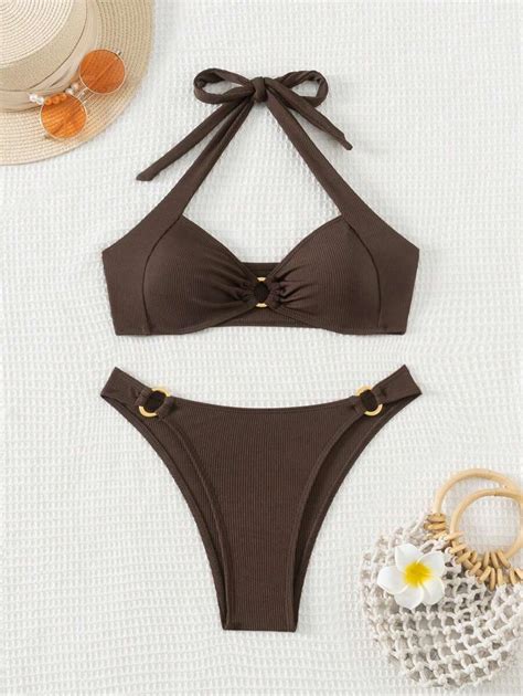 SHEIN Swim Summer Beach Women S Solid Color Halter Neck Bra Swim Bottom Bikini Set Bathing