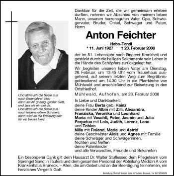 Traueranzeigen Von Anton Feichter Trauer Bz