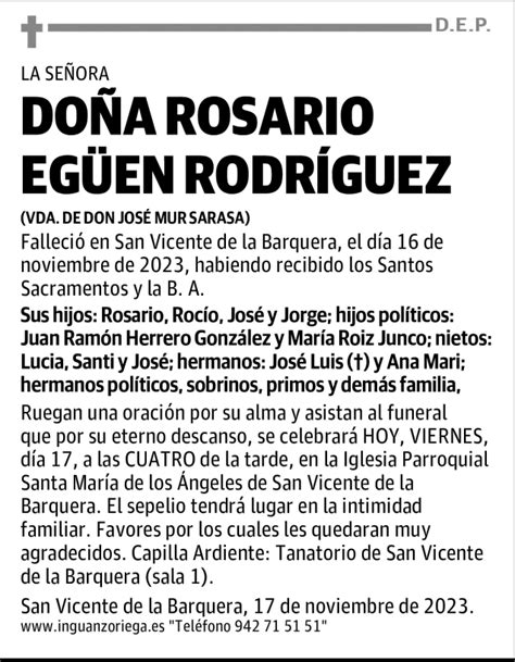 Do A Rosario Eg En Rodr Guez Esquela Necrol Gica El Diario Monta S