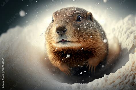 Happy Groundhog Day. Groundhog emerges from a snowy hole after ...