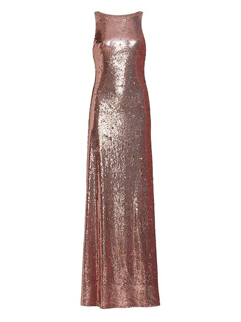 Halston Wo Madden Metallic Sequin Twist Back Gown Rose Gold