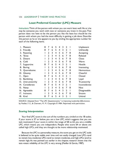 Lpc Questionnaire 134 Leadership Theory And Practice Least Preferred