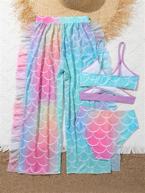 Girls Fish Scales Print Bikini Swimsuit With Ruffle Trim Beach Pants