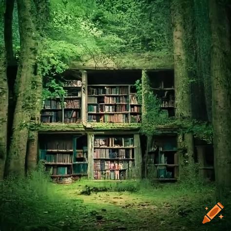 An Abandoned Library In A Forest With Overgrown Trees On Craiyon