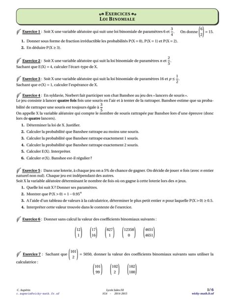 Soit X une variable aléatoire qui suit une loi binomiale Wicky math