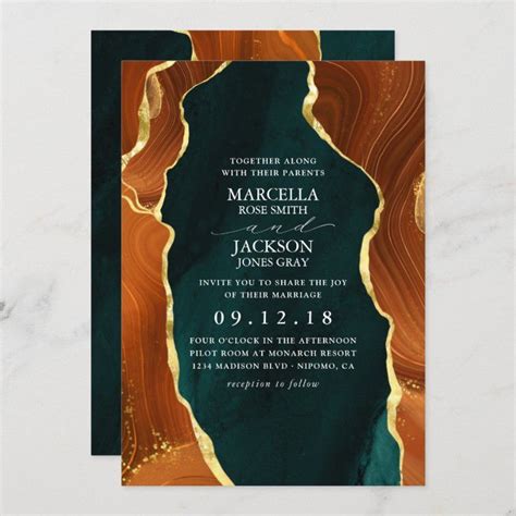 Teal Burnt Orange Gold Agate Wedding Invitation Zazzle Orange