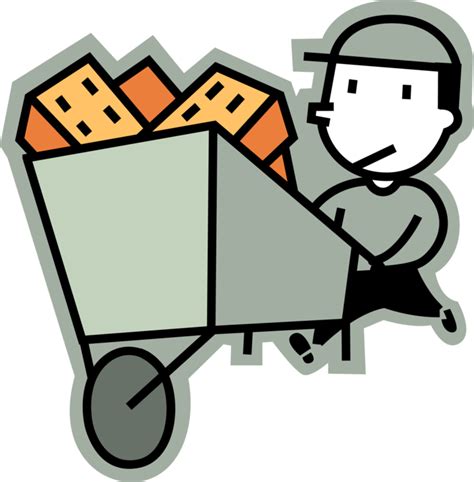 Vector Illustration Of Mason Bricklayer With Wheelbarrow Brick