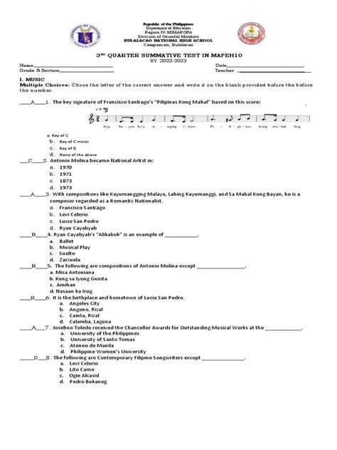 3rd Quarter Summative Test In Mapeh10 Pdf World Health Organization