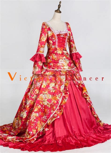 Women Vintage Red Floral Brocade Civil War Victorian Era Apron Dress